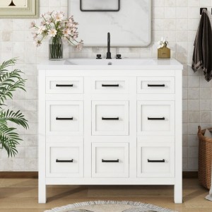 36 inch bathroom storage cabinet vanity with resin integrated sink -4 drawers, 2 doors - 1 of 4
