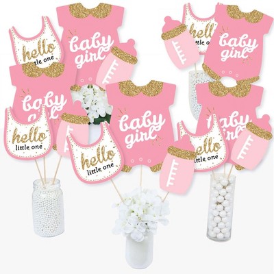 Big Dot of Happiness Hello Little One - Pink and Gold - Girl Baby Shower Party Centerpiece Sticks - Table Toppers - Set of 15