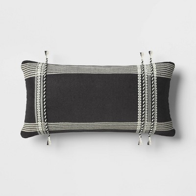 12"x27" Twists and Tassels Rectangular Outdoor Lumbar Pillow Black/White - Threshold™, 1 of 6
