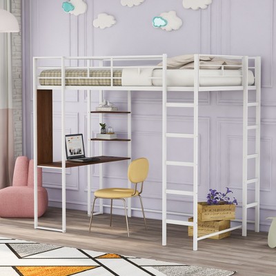 ALEXOUN Modern Heavy Metal Bunk Bed with 2 Ladders Metal Loft Bed with Desk for Bedroom, Dorm,Apartment Space-Saving,Silver