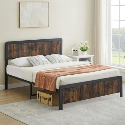 Homhougo Queen Bed Frame, Curved Wood Headboard and Footboard Brown