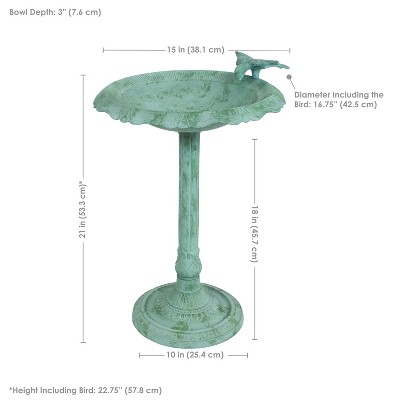 Green Patina Cast Aluminum Garden Bird Bath with Sculpture