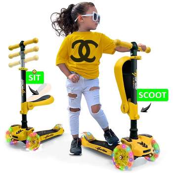 Hurtle ScootKid 3 Wheel Toddler Child Mini Ride On Toy Tricycle Scooter with Adjustable Handlebar, Foldable Seat, and LED Light Up Wheels, Yellow