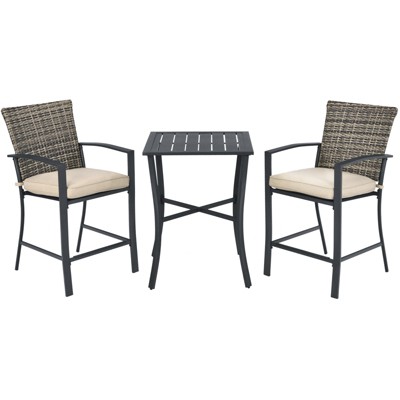 Tangkula 3-Piece Patio Rattan Furniture Set Outdoor Bistro Set Cushioned Chairs & Table Set Gray/Brown