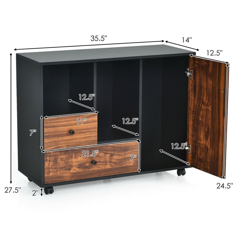 Costway Lateral Mobile Filing Cabinet Large Printer Stand w/2 Drawers Open Shelves Black, 2 of 11