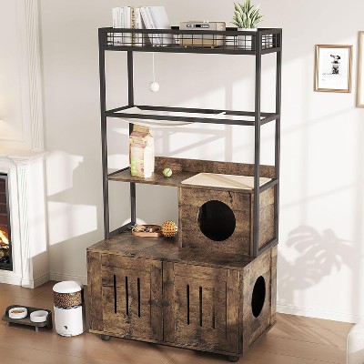 Cat Litter Box Enclosure - 2-in-1 Hidden Furniture with Shelf Storage