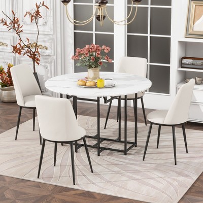 GDFStudio Oscar 5 Piece Modern Ergonomic Iron and Linen Upholstered Dining Set with 47.2" Foldable Faux Marble Table