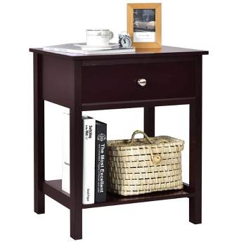 Costway Nightstand with Drawer Storage Shelf Wooden Bedside Sofa Side Table White\Brown