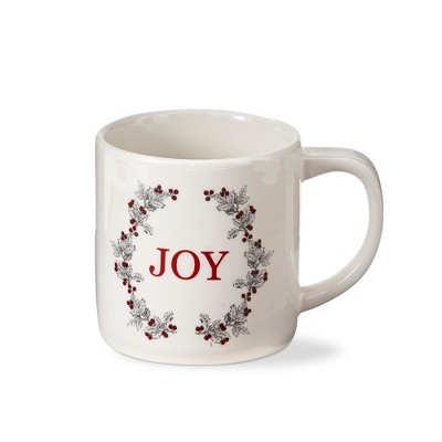 tag "Farmhouse Christmas" White Earthenware 16 oz Joy Sentiment Mug Featuring Holly Berries & Leaves Coffee Hot Coco Tea Hostess & Teachers Gift