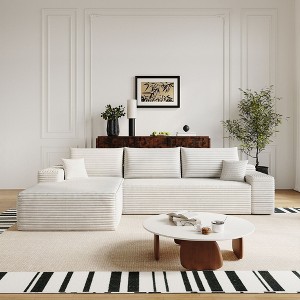 107 inch White Plush Corduroy Fabric Cloud Sectional Couch with L-Shape Chaise Modern Modular Sofa with Deep Seat - 1 of 4