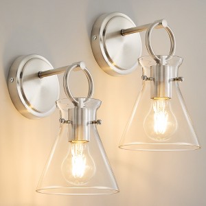 POWLIG 11.42-in 1-Light Nickel Modern Industrial Wall Sconces with Cone Clear Glass Shade (Set of 2) - 1 of 4
