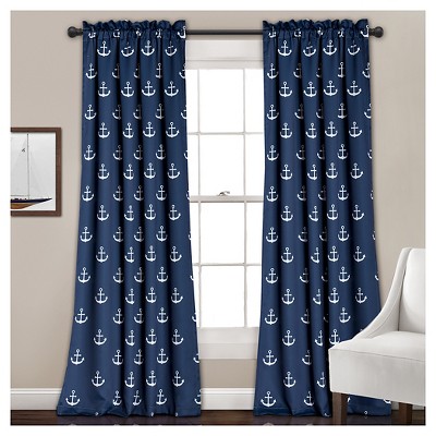 Anchor Room Darkening Window Curtain Set Navy (52"x84") - Lush Décor