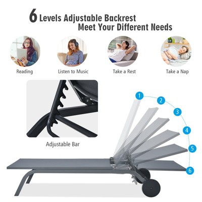Grey Aluminum Adjustable Outdoor Chaise Lounge Recliner