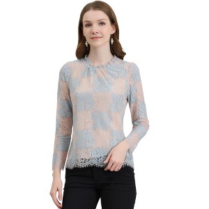 Allegra K Women's Lace Long Sleeve Keyhole Back Ruffle Neck Floral Blouse - 1 of 4