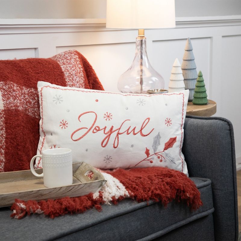 Northlight 19" Red and White Embroidered "Joyful" Rectangular Christmas Throw Pillow, 2 of 7