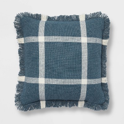 18"x18" Woven Plaid Square Throw Pillow with Fringe Navy/Cream - Threshold™