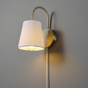 Globe Electric 1-Light Matte Brass Hardwire or Plug-in Wall Sconce with White Textured Shade by Novogratz x Globe: ETL Listed, Iron Body - 1 of 4