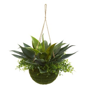 Nearly Natural 15" x 13" Artificial Agave and Maiden Hair Plant in Hanging Basket: Indoor/Outdoor Decor, Polyester Foliage - 1 of 3