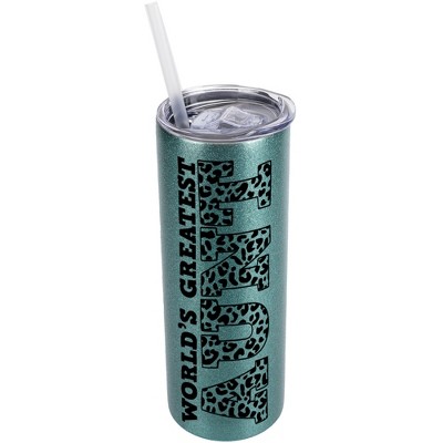 Elanze Designs Leopard Pattern Turquoise Blue 20 Ounce Double Wall Stainless Steel Glitter Travel Tumbler With Sliding Lid And Straw, World's Greatest