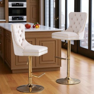Mshliw Set of 2 Modern Velvet Swivel Barstools with Adjustable Seat Height 27¨C35 Inch, Tufted Upholstered Counter Chairs with Gold Base - 1 of 4
