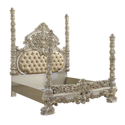Champagne and Gold King Faux Leather Tufted Bed with Headboard