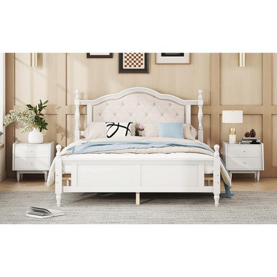 VASIP Queen Pine Wood Bed Frame - White Upholstered Headboard & Panel Footboard with 2 Side Rails