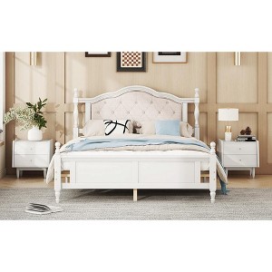 VASIP Queen Pine Wood Bed Frame - White Upholstered Headboard & Panel Footboard with 2 Side Rails - 1 of 4