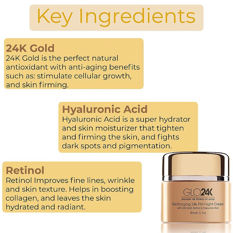 GLO24K Night Cream with 24k Gold, Retinol, Hyaluronic Acid, And Vitamins For Optimal Hydration!, 3 of 6
