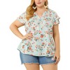 Agnes Orinda Women's Plus Size Floral Ruffle Trim V Neck Button Layered Sleeve Blouses - 2 of 4