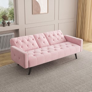 KWPZQEB 72.4" Velvet Sofa, Mid Century Modern Sofa with Nail Head Trim, Adjustable Backrest & Cup Holder, Floor Sofa for Living Room, Apartment, Pink - 1 of 4