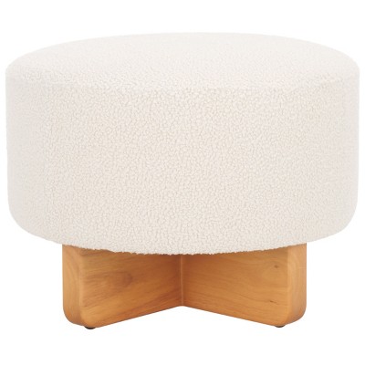 Riah Off White Boucle Round Ottoman with Natural Wood Base