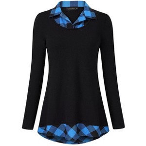 Clearlove Women's Casual Contrast Collar Shirt Long Sleeve Slim Fit Tunics Top - 1 of 3