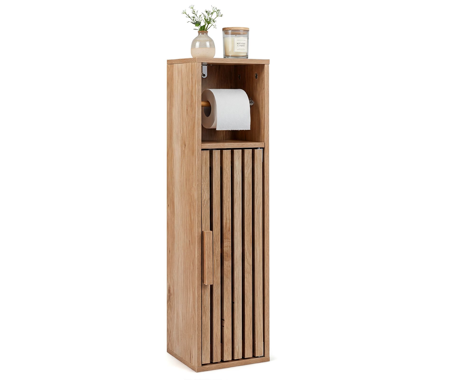 Costway Slim Bathroom Cabinets, Freestanding Toilet Paper Holder Stand with Door,Natural