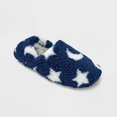 Image of Women's Moon & Stars Cozy Fleece High Cut Pull-On Slipper Socks with Grippers - Navy/White S/M