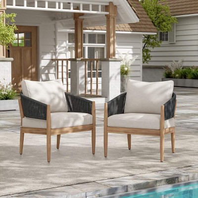 Set of 2 Acacia Wood Club Chair Set with Rope Back,Outdoor Club Chair with Fade Resistant Cushion,Patio Club Chair for Garden-Coolbibila