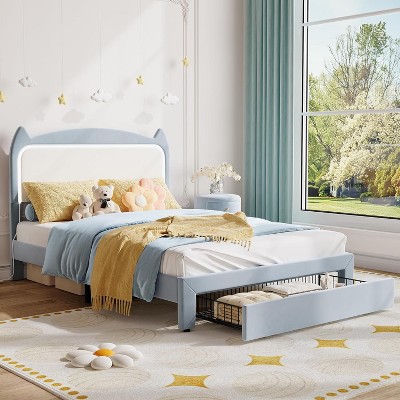 Upholstered LED Bed Frame with Cat Headboard for Boys Girls, Velvet Platform Bed Frame, Wood Slats Support, Noise Free