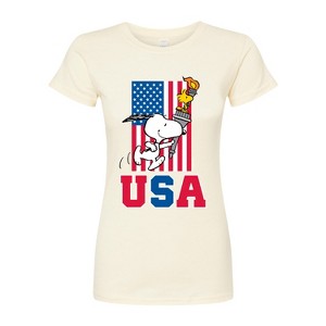Women's - Peanuts - Snoopy Woodstock USA Flag Torch Fitted Graphic T-Shirt - 1 of 3