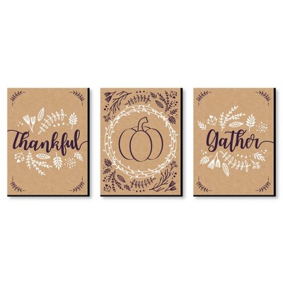 Big Dot of Happiness Elegant Thankful and Gather - Fall Wall Art and Friendsgiving Decor - 7.5 x 10 inches - Set of 3 Prints
