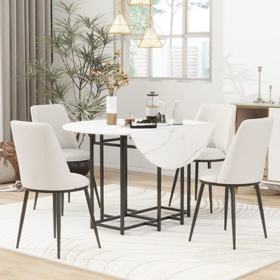 ChicFurnit Dining Sets Extendable Round Table Set with Faux Marble Top Chairs for Kitchen Dining Room, Beige and White, 28.25"*21.63"*19.88"