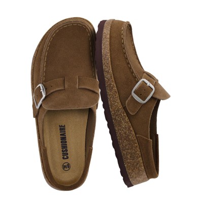 CUSHIONAIRE Women's Hobby Genuine Leather Cork Footbed Clog with Comfort, Arch Support, Buckle Strap, Slip-On Mules