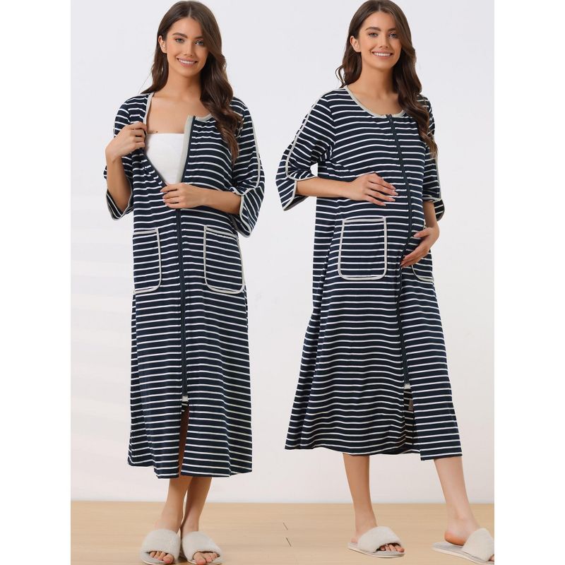 cheibear Women's Zip Front Robe 3/4 Sleeve Striped Long Bathrobe Dress Pajama, 2 of 6