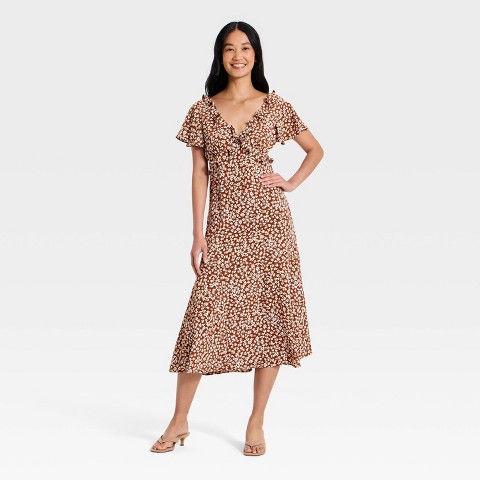 Женские платья A New Day Women's Short Flutter Sleeve V-Neck Midi Dress - A New Day™ Brown M