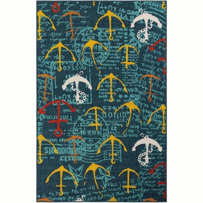 Navy Blue and Teal Synthetic Outdoor Coastal Area Rug