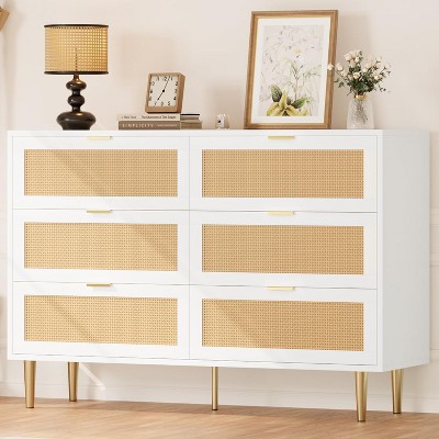 DobleePy 6-Drawer Rattan Dresser, Modern Chest with Gold Legs & Handles, Large Tabletop for Bedroom, Living Room, Anti-Tipping Design