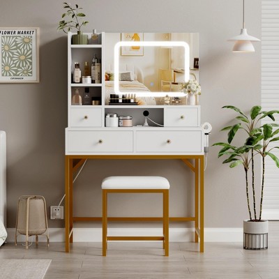 Mirrored Dressing Table Featuring Three-Level Adjustable Lighting Modern Dressing Table with Four Drawers