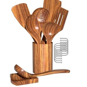Itopfox Natural Teak Kitchen Cooking Utensil Set with Holder, Wooden Spoons for Cooking, 10PCS Cooking Spatulas Set with Spoon Rest, Wooden Utensil - 1 of 4