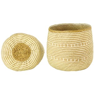Handwoven Cylinder Storage Basket, Geometric Pattern, Seagrass and Rattan, White/Black & Natural, 13.7 Inch - 1 of 3