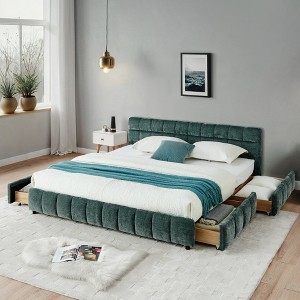 California King Chenille Grounded Beds Frame with 4 Storage Drawers, Upholstered Floor Bed with Headboard and Solid Frame, No Box Spring Needed - 1 of 4