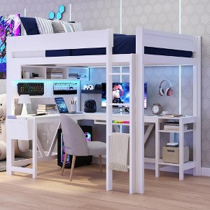 Polibi Full Size Gaming Loft Bed with Desk, Shelves, Outlets, USB Ports & 7-Color LED Light Strip - 1 of 4