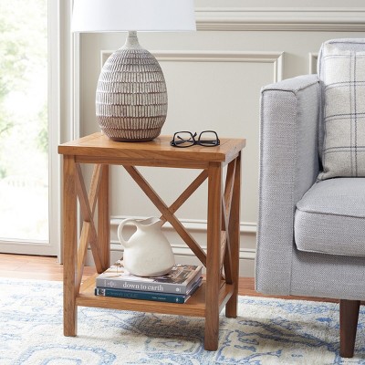 Oak Rectangular End Table with Cross Back Design and Lower Shelf